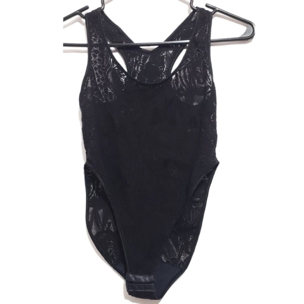 vintage black bodysuit lingerie lace animal  size